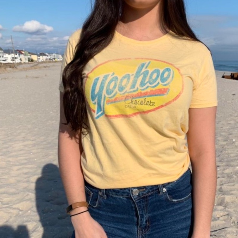Sunny Butter Yellow Yoo-Hoo Retro Chocolate Milk Graphic Tee. Gildan SoftStyle